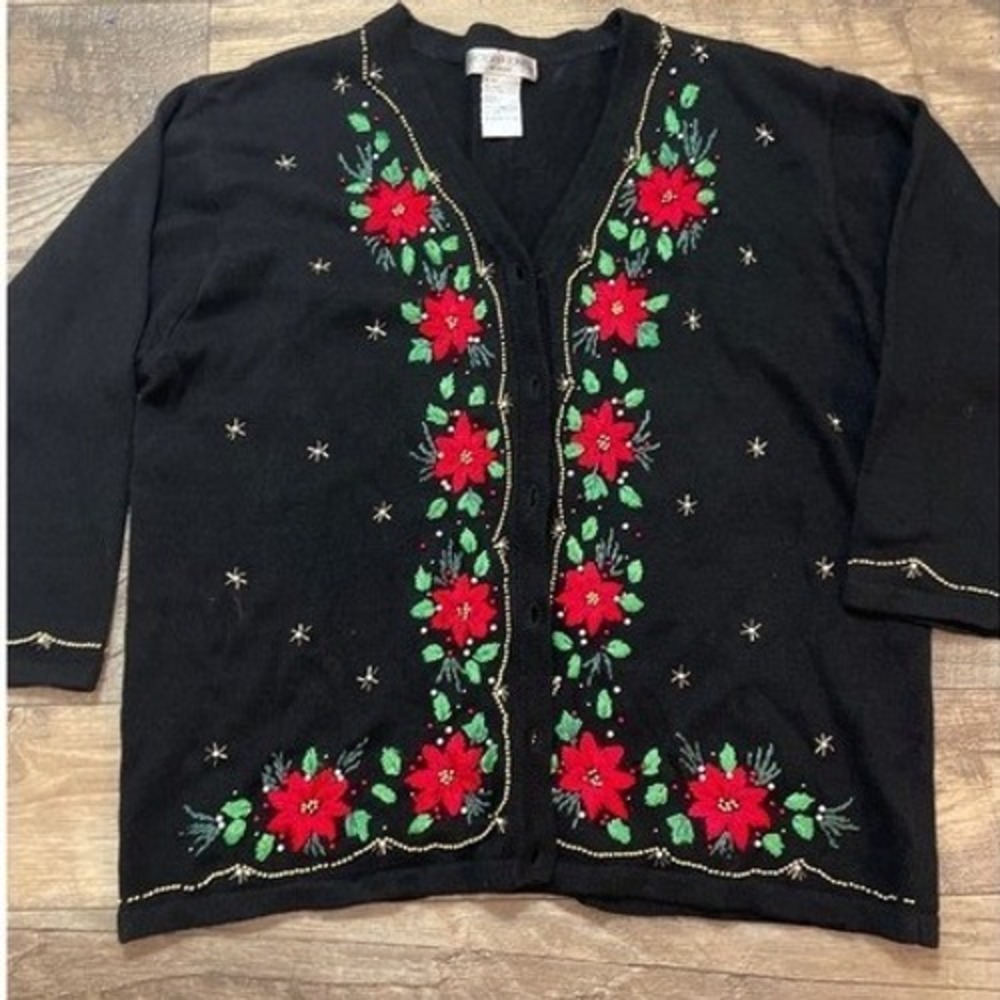 Victoria Jones Woman Black Poinsettia Embroidered Cardigan Sweater 2X